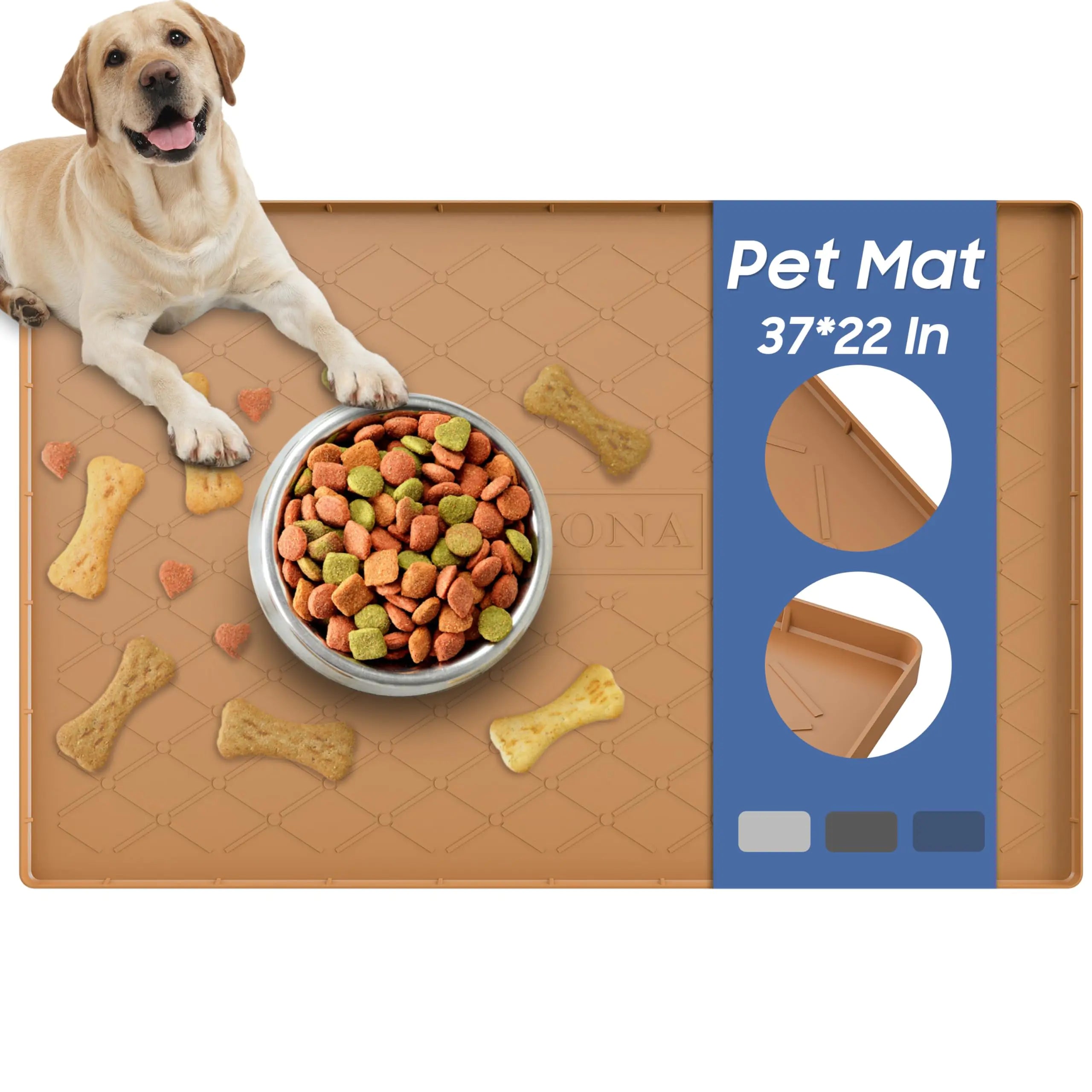 URMONA Large Dog Food Mat 37" x 22" Pet Food Mat Waterproof Dog Cat Food Mat with Raised Edges Silicone Pet Food Mat Dog Accessories Prevents Food Spills Protects Floors Easy to Clean Fast